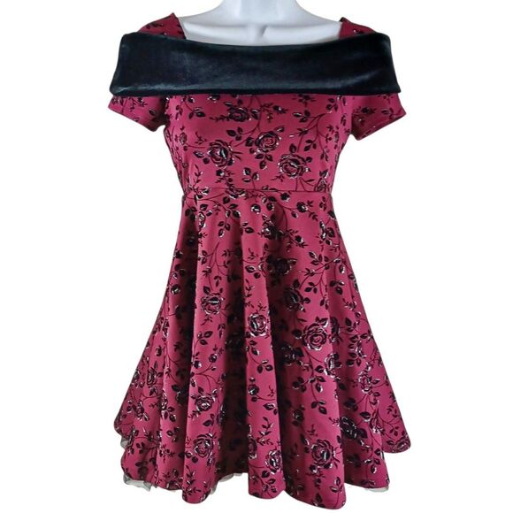 Knit Works Girls Sz 10 Burgundy Floral Fit & Flare Dress Velvet Yoke Tulle Lined - Picture 2 of 9